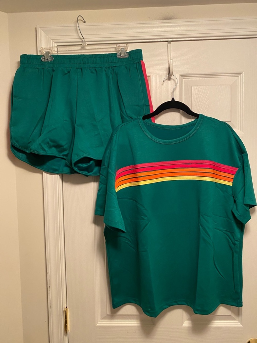 Shewin Green 2 Piece Lounge Set with Pink-Orange-Yellow Stripe…size XL